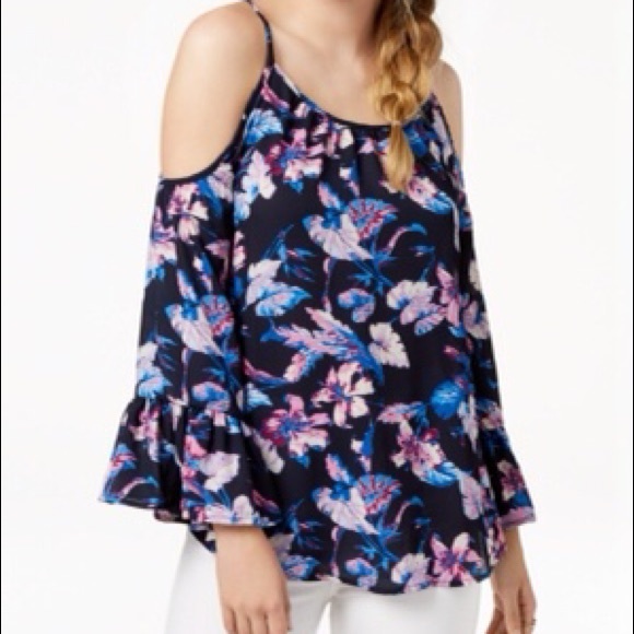 Seven Sisters Tops - Seven Sisters Blue/Purple Floral Cold Shoulder Top